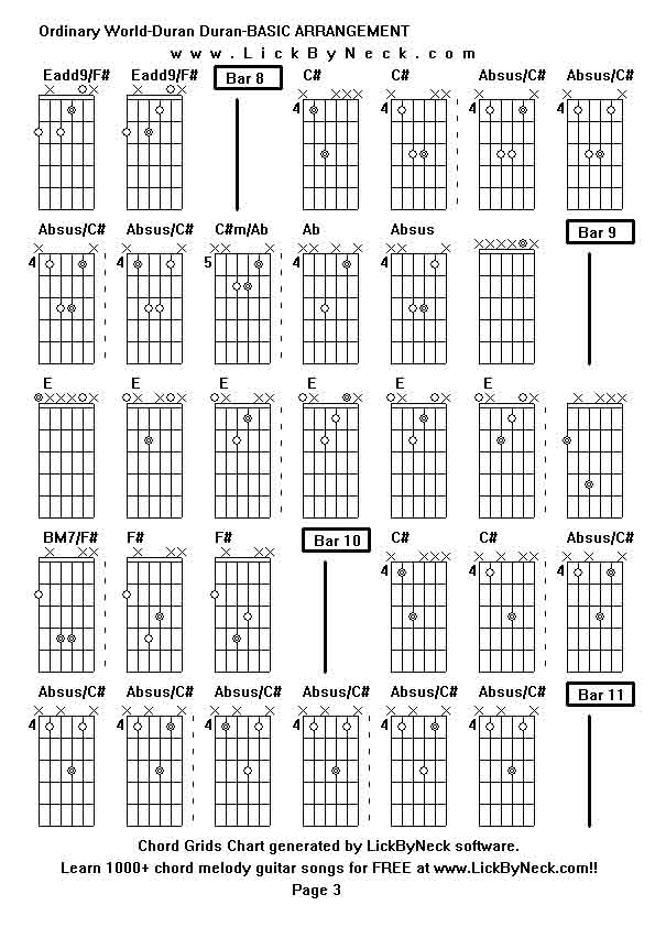 Chord Grids Chart of chord melody fingerstyle guitar song-Ordinary World-Duran Duran-BASIC ARRANGEMENT,generated by LickByNeck software.